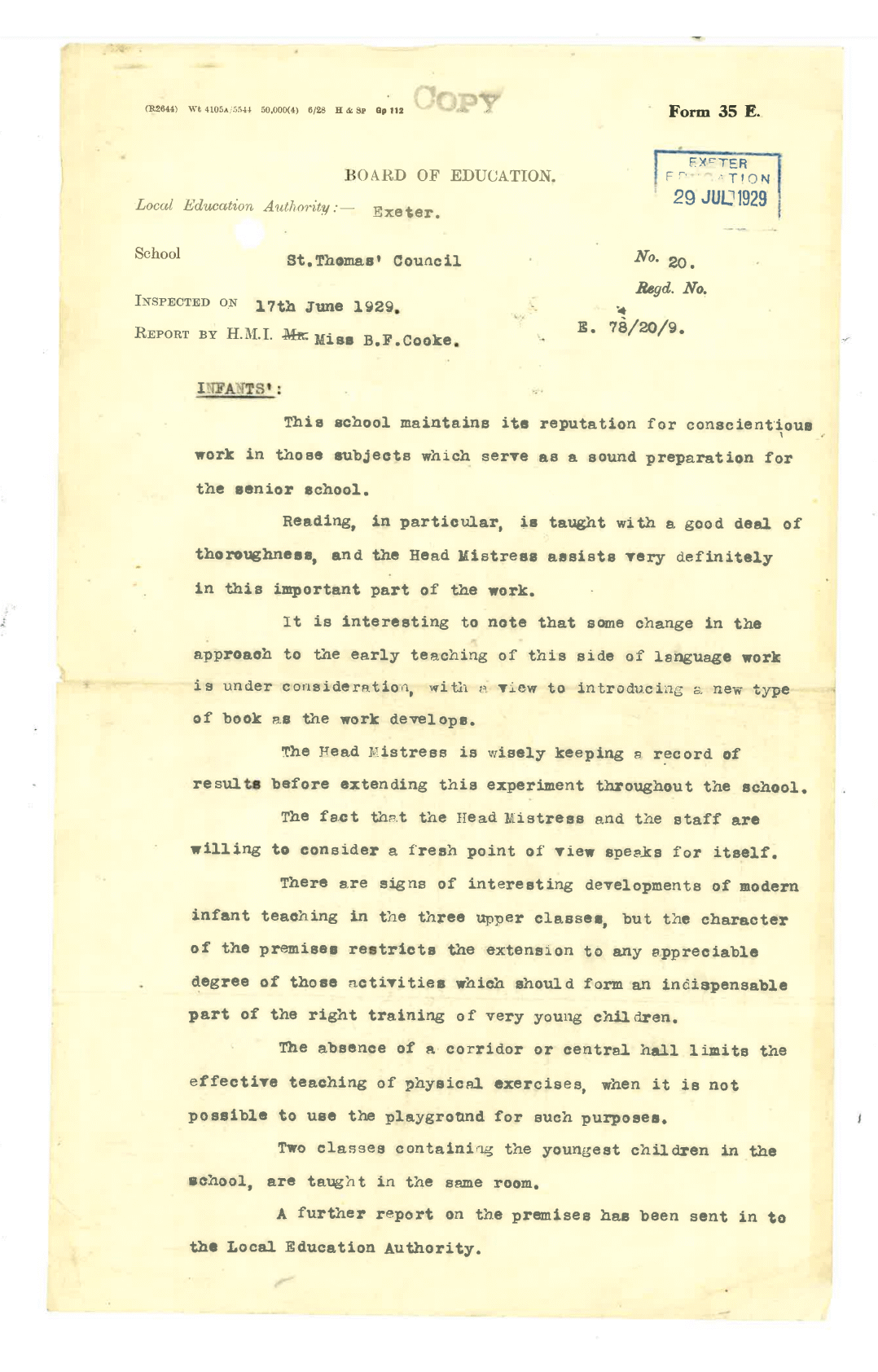 St Thomas Primary School Memories | Board of education report – 1929